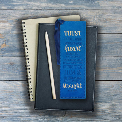 Christian Art Gifts Vegan Faux Leather Scripture Bookmark for Men: Trust In The Lord - Proverbs 3:5-6 Inspirational Bible Verse Heat-Debossed, Faith-Base Reading Book Accessory, Blue with Satin Tassel