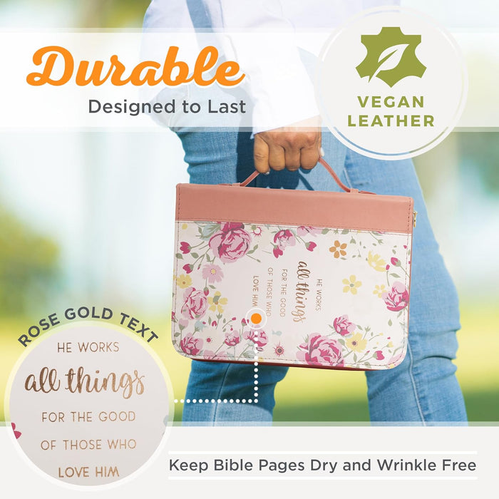 Christian Art Gifts Women's Fashion Bible Cover He Works All Things for Good Romans 8:28, Peach Floral Faux Leather, Large