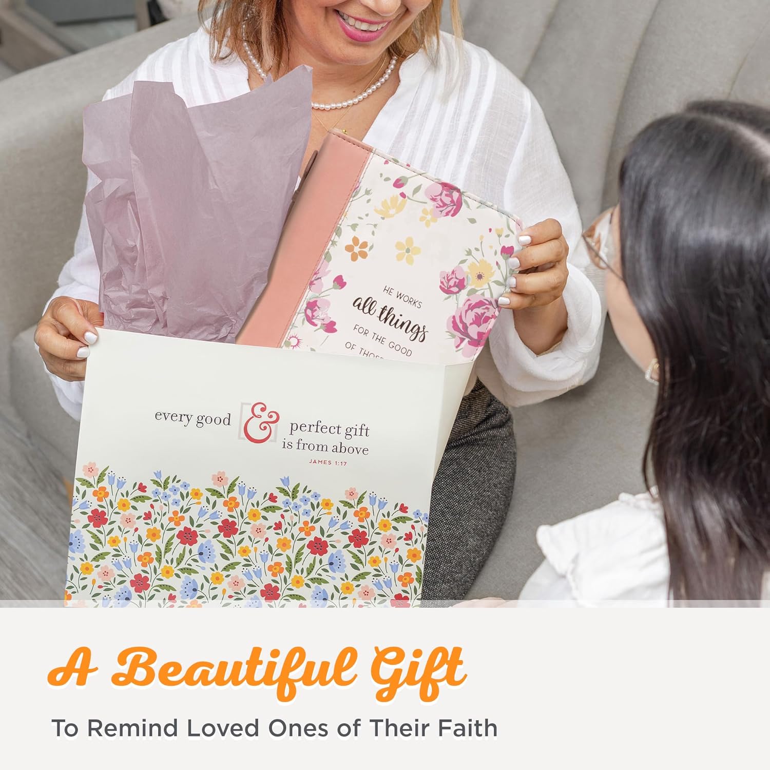 Christian Art Gifts Women's Fashion Bible Cover He Works All Things for Good Romans 8:28, Peach Floral Faux Leather, Large