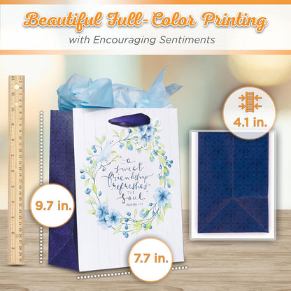 Christian Art Gifts Gift Bag/Tissue Paper Set A Sweet Friend Proverbs 27:9 Bible Verse, Blue Floral, Medium