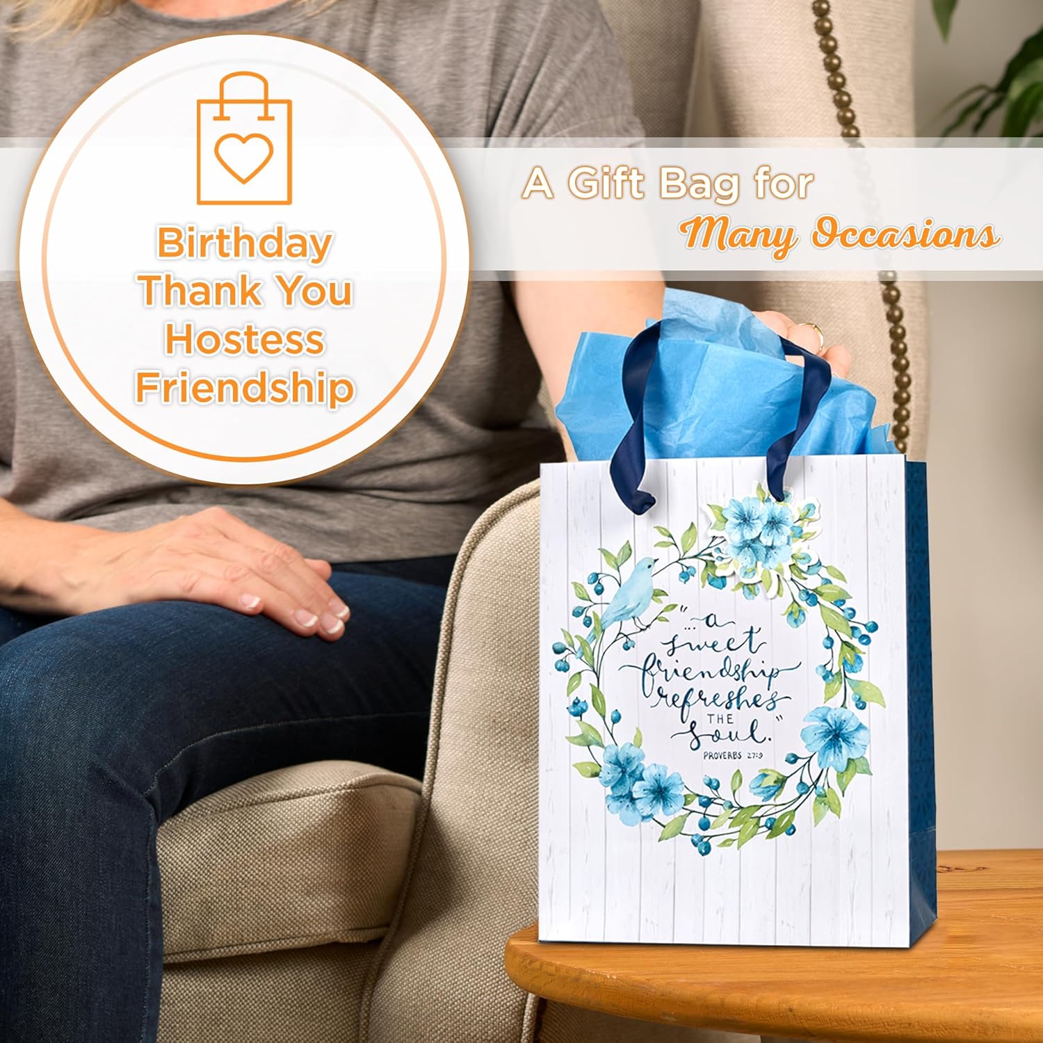 Christian Art Gifts Gift Bag/Tissue Paper Set A Sweet Friend Proverbs 27:9 Bible Verse, Blue Floral, Medium