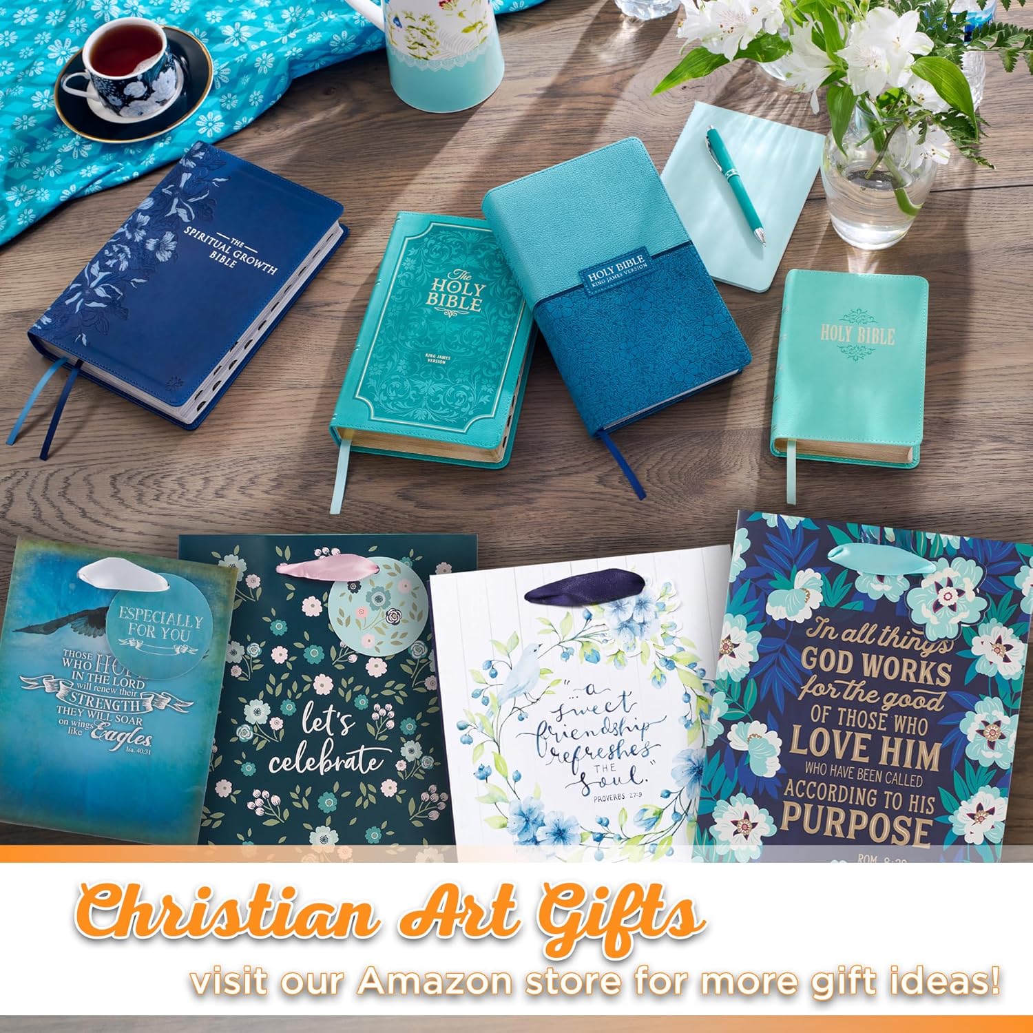 Christian Art Gifts Gift Bag/Tissue Paper Set A Sweet Friend Proverbs 27:9 Bible Verse, Blue Floral, Medium