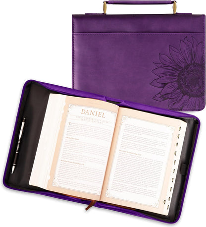 Christian Art Gifts Women's Fashion Bible Cover Strength and Dignity Proverbs 31:25, Purple/Gold Sunflower Faux Leather, Medium