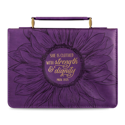 Christian Art Gifts Women's Fashion Bible Cover Strength and Dignity Proverbs 31:25, Purple/Gold Sunflower Faux Leather, Medium