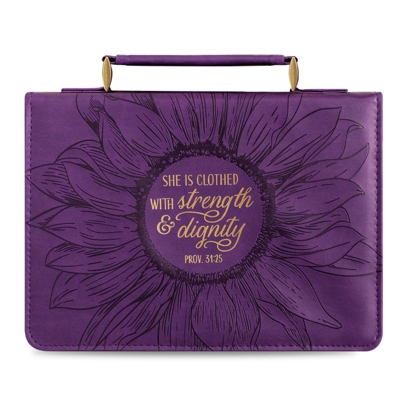 Christian Art Gifts Women's Fashion Bible Cover Strength and Dignity Proverbs 31:25, Purple/Gold Sunflower Faux Leather, Medium