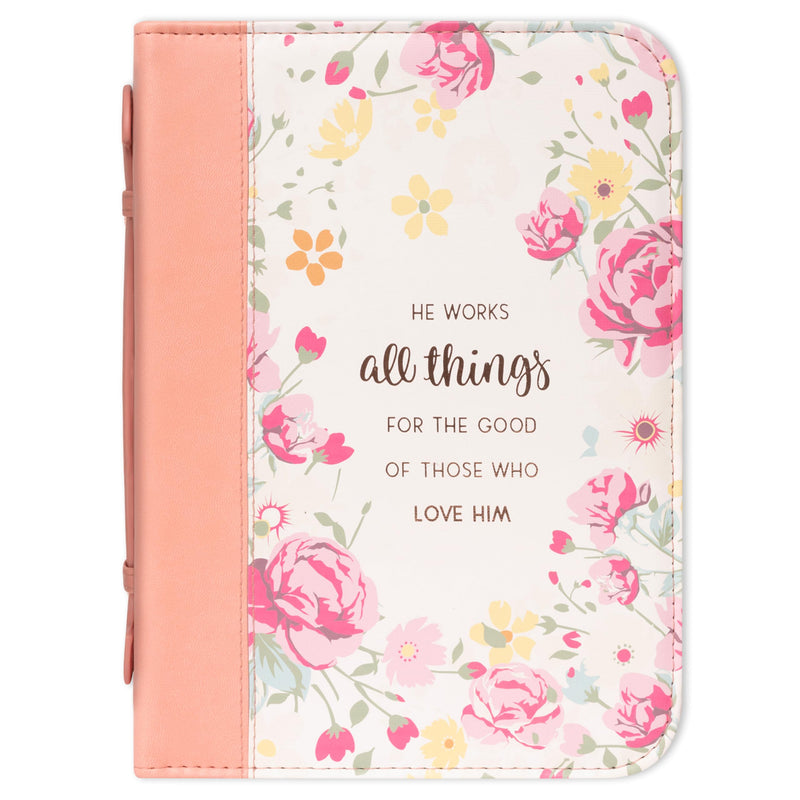 Christian Art Gifts Funda de la Biblia de moda para mujer He Works All Things for Good Romans 8:28, piel sintética floral melocotón