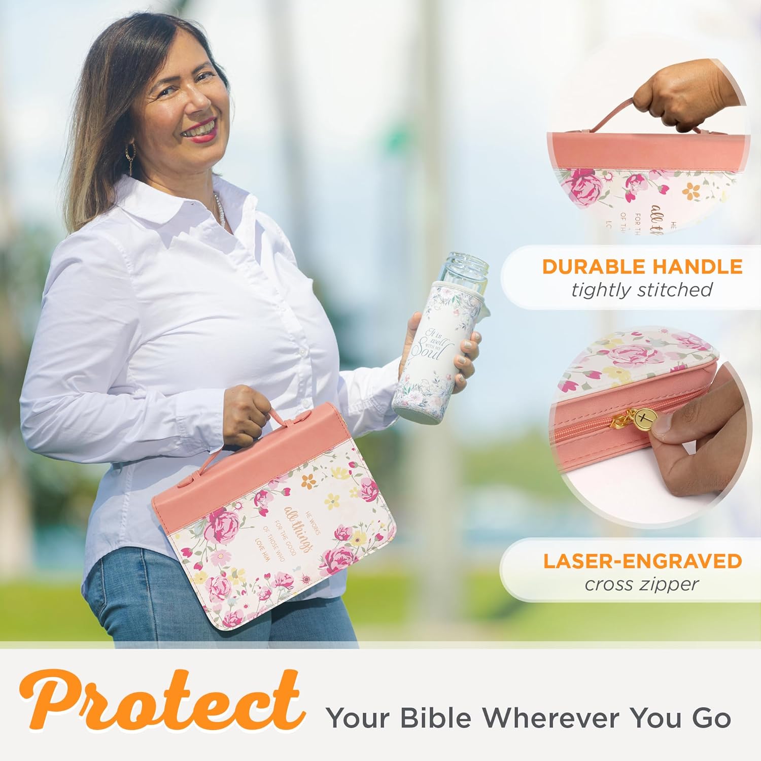 Christian Art Gifts Funda de la Biblia de moda para mujer He Works All Things for Good Romans 8:28, piel sintética floral melocotón