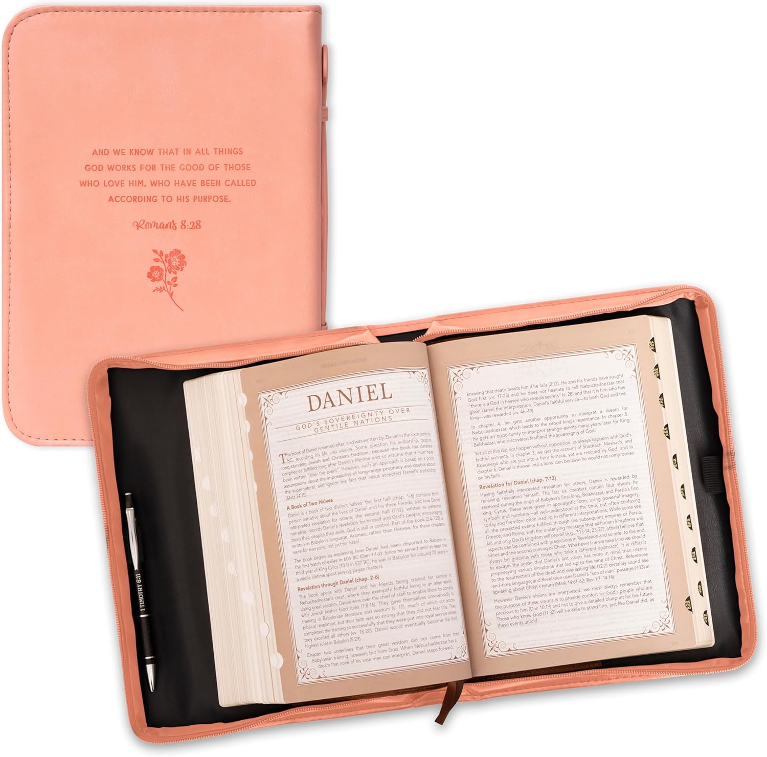 Christian Art Gifts Funda de la Biblia de moda para mujer He Works All Things for Good Romans 8:28, piel sintética floral melocotón