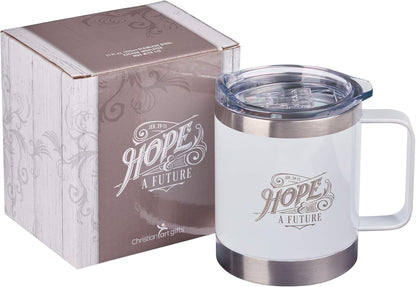 Christian Art Gifts Hope and a Future Stainless Steel White Mug w/Jeremiah 29:11 - Camp Style Travel Mug, Christian Mug for Women/Men (11oz Double Wall Vacuum Insulated Coffee Mug with Lid and Handle