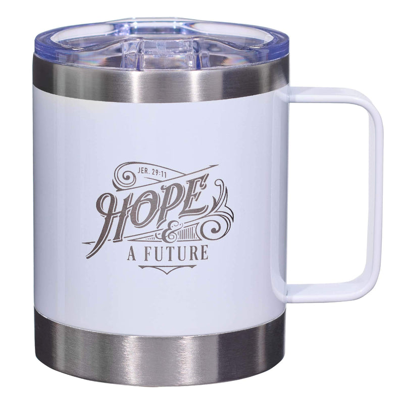 Christian Art Gifts Hope and a Future Stainless Steel White Mug w/Jeremiah 29:11 - Camp Style Travel Mug, Christian Mug for Women/Men (11oz Double Wall Vacuum Insulated Coffee Mug with Lid and Handle