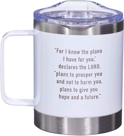 Christian Art Gifts Hope and a Future Stainless Steel White Mug w/Jeremiah 29:11 - Camp Style Travel Mug, Christian Mug for Women/Men (11oz Double Wall Vacuum Insulated Coffee Mug with Lid and Handle