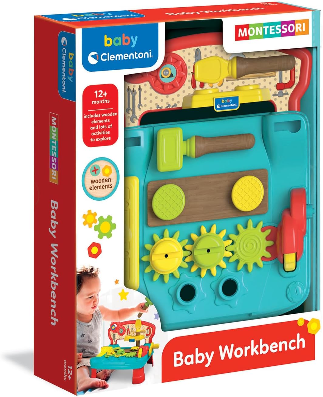 Clementoni Babywerkbank met accessoires - speelgoed voor baby's en kinderen vanaf 12 maanden met hamer, schroevendraaier en veel accessoires - sensorisch en motoriekspeelgoed 17968