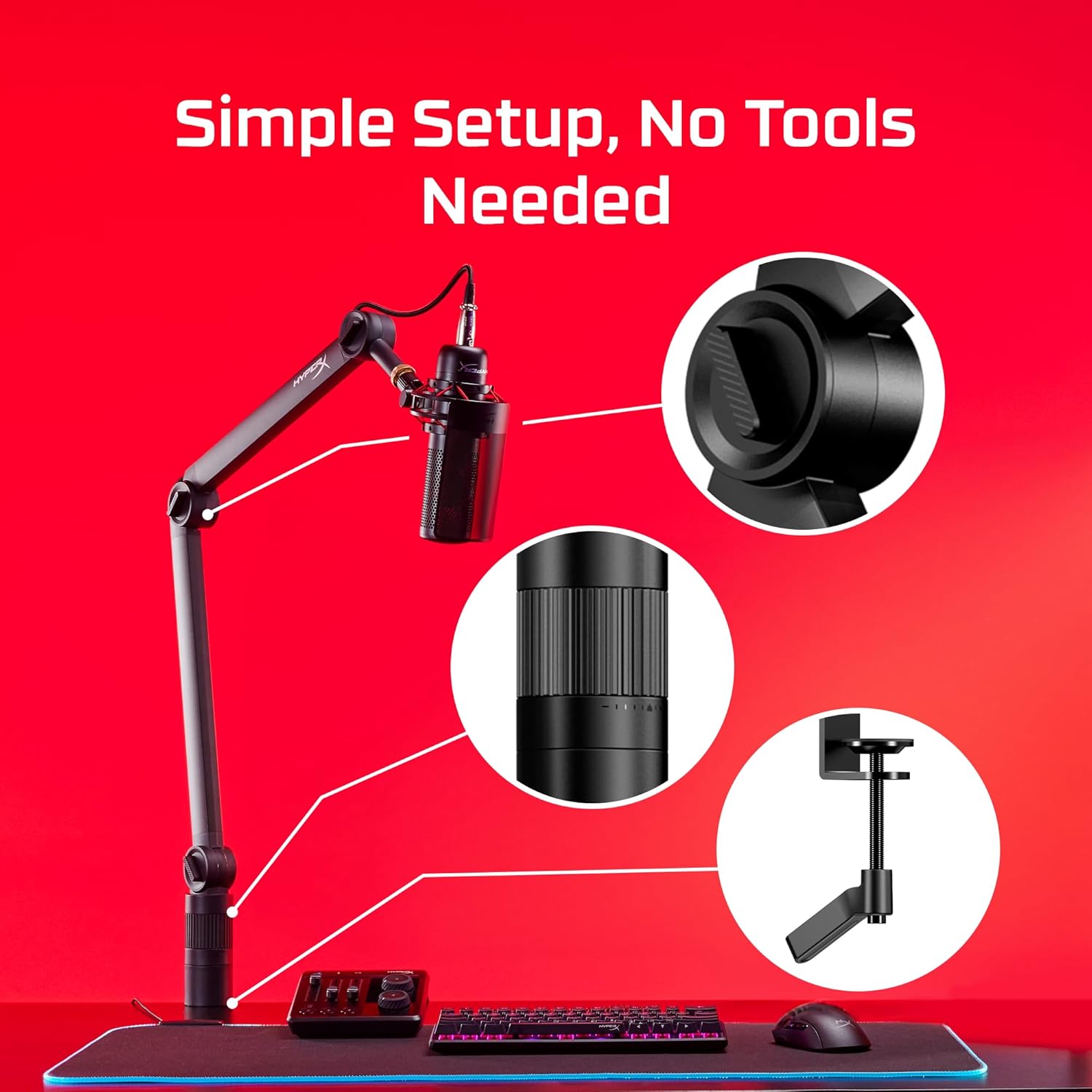 HyperX Caster, Braccio di Supporto per Microfono e Camera da 0,2 kg a 1 kg con Attacco Filettato da 1/4", 3/8" o 5/8", Rotazione a 360°, Cavi Nascondibili al suo Interno, Nero