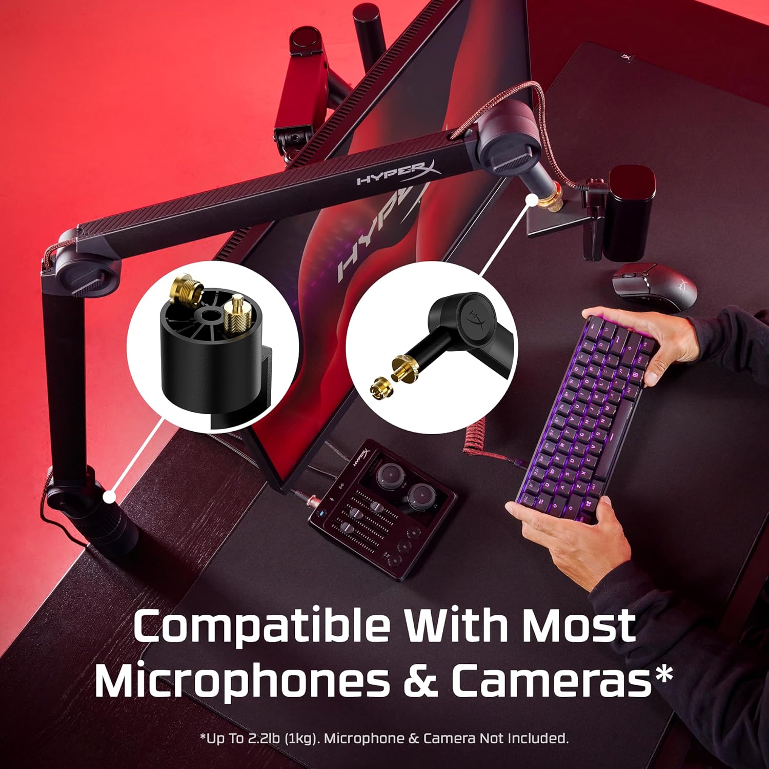 HyperX Caster, Braccio di Supporto per Microfono e Camera da 0,2 kg a 1 kg con Attacco Filettato da 1/4", 3/8" o 5/8", Rotazione a 360°, Cavi Nascondibili al suo Interno, Nero