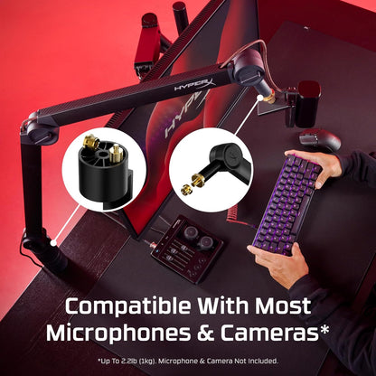 HyperX Caster, Braccio di Supporto per Microfono e Camera da 0,2 kg a 1 kg con Attacco Filettato da 1/4", 3/8" o 5/8", Rotazione a 360°, Cavi Nascondibili al suo Interno, Nero