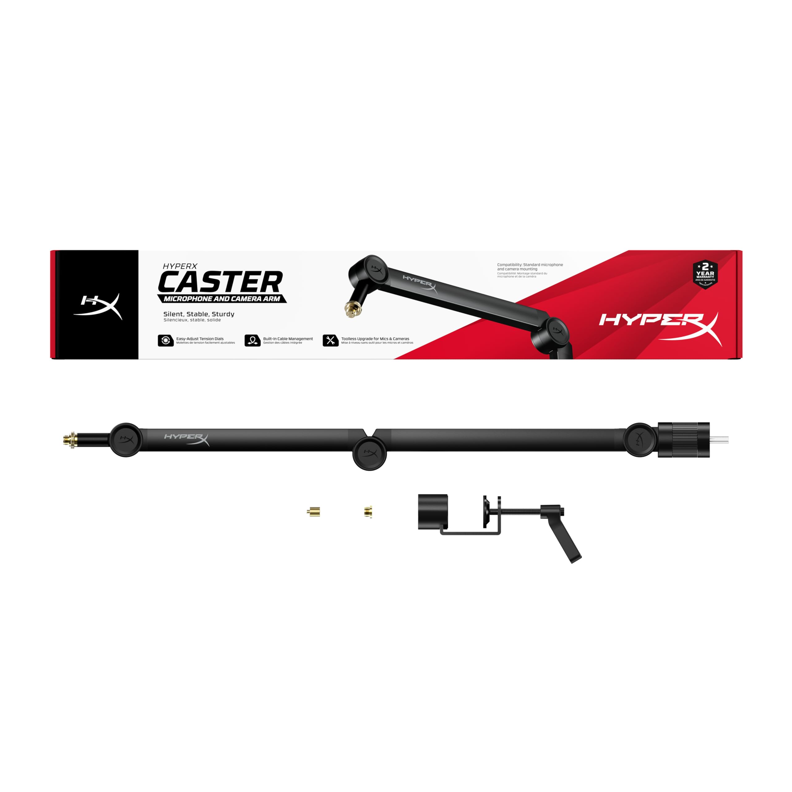 HyperX Caster, Braccio di Supporto per Microfono e Camera da 0,2 kg a 1 kg con Attacco Filettato da 1/4", 3/8" o 5/8", Rotazione a 360°, Cavi Nascondibili al suo Interno, Nero