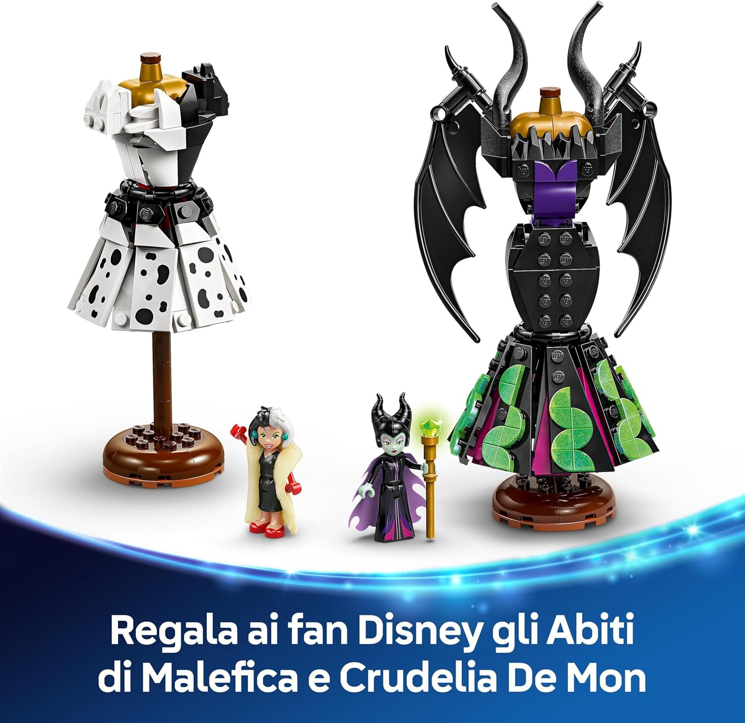 LEGO | Disney Abiti di Malefica e Crudelia De Mon - Giochi Fantasy per Bambine e Bambini da 9 Anni con Espositore Personalizzabile, 2 Mini Bamboline e 2 Animali - Regalo di Compleanno per i Fan 43262