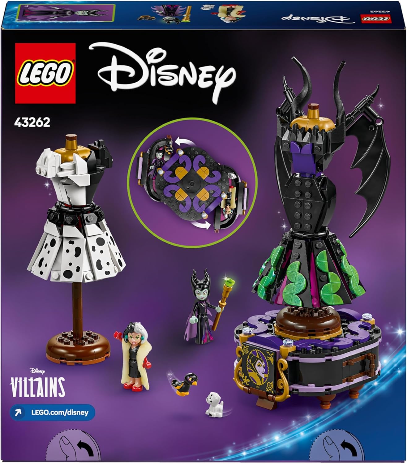 LEGO | Disney Abiti di Malefica e Crudelia De Mon - Giochi Fantasy per Bambine e Bambini da 9 Anni con Espositore Personalizzabile, 2 Mini Bamboline e 2 Animali - Regalo di Compleanno per i Fan 43262