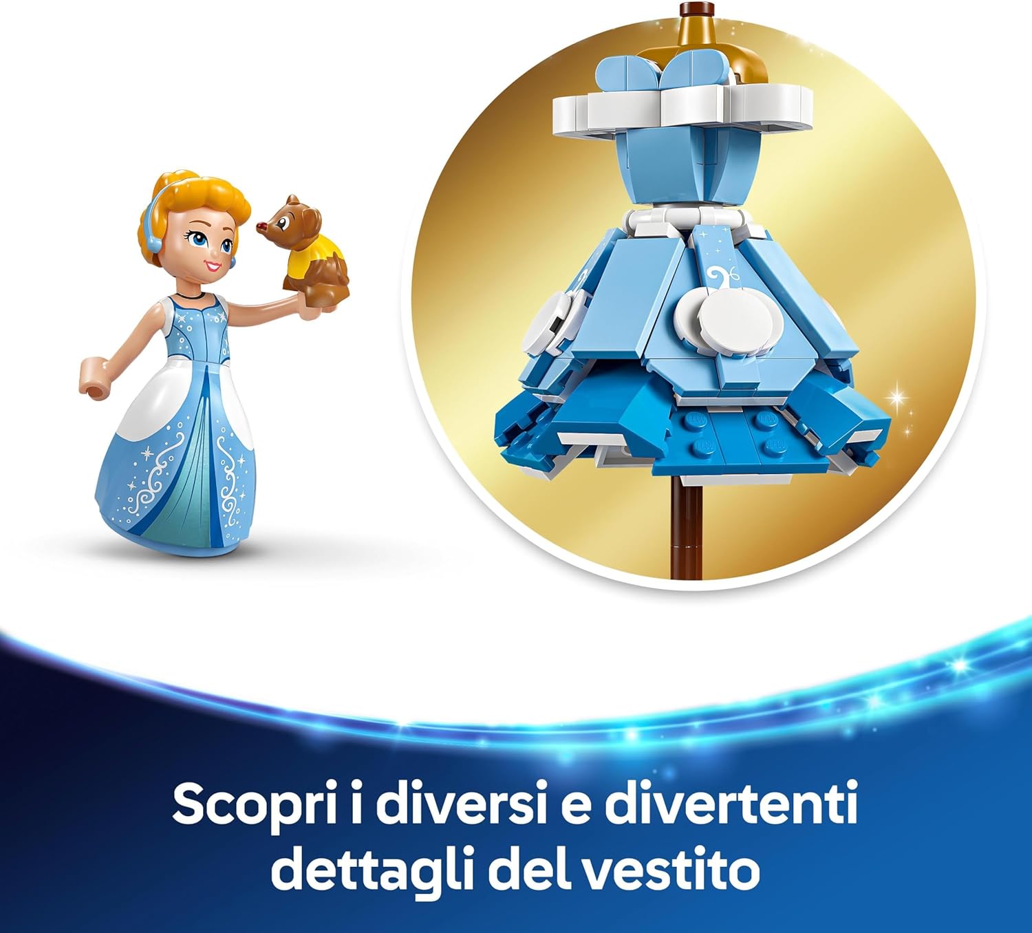 LEGO | Disney Princess Abito di Cenerentola - Giochi Fantasy per Bambine e Bambini da 9 Anni con Espositore Personalizzabile, Mini Bambolina e Personaggio di Gus - Idea Regalo Creativa - 43266