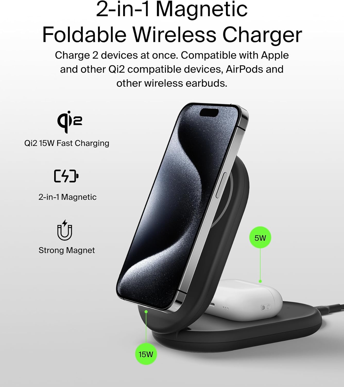 Belkin BoostCharge 2-in-1 magnetic foldable Qi2 charger 15W, MagSafe compatible wireless charger, fast charger for iPhone 16, 15, 14, 13, 12, charging station with non-slip base, PSU Included - Black