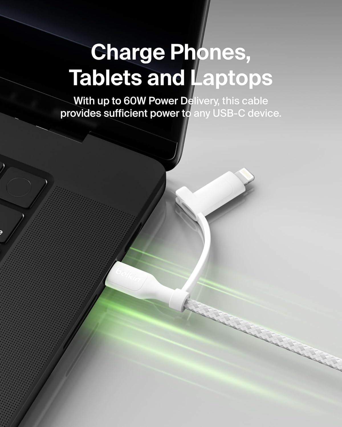 Belkin 2-in-1 Charging Cable with USB-C & Lightning Connector - Braided Fast-Charging Cable, USB-C to USB-C & Lightning Charger Cord, Multi-Charging Combo for Apple iPhone, iPad, Samsung, More - White