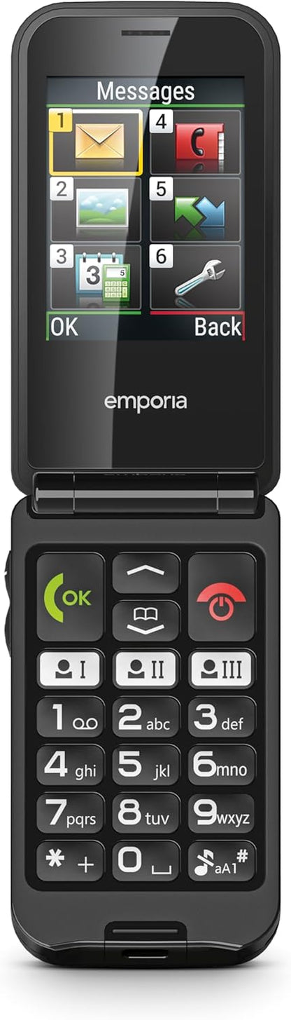 emporiaTALKglam Senior Phone, Contract-Free, Foldable mobile phone, Easy to use, Mobile Phone with Emergency Button, 2.4-Inch Display, Black