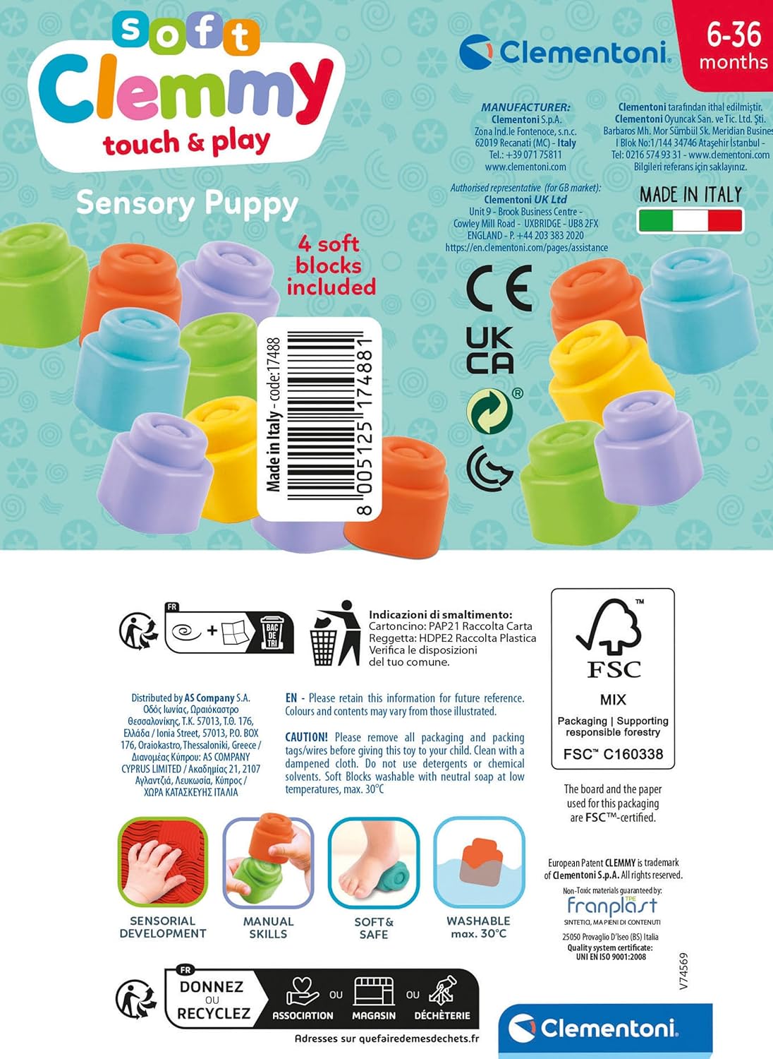 Clementoni - Clementoni Baby - Clemmy Sensory Puppy Blauw met Soft Blokken 5dlg.