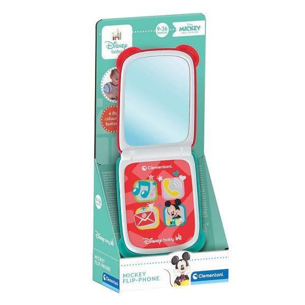 Clementoni Disney Baby - Mickey Flip Phone, kindertelefoon 9-36 maanden, activiteitencentrum met 4 toetsen voor het stimuleren van het imitatieve spel met licht en geluiden, 17514