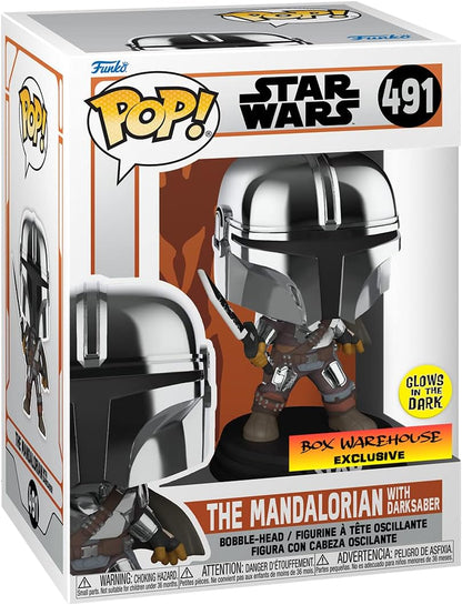 Funko POP! Star Wars Mandalorian with Darksaber (Chrome & Glow in The Dark), Exclusive,Multicolor,3.75 inches