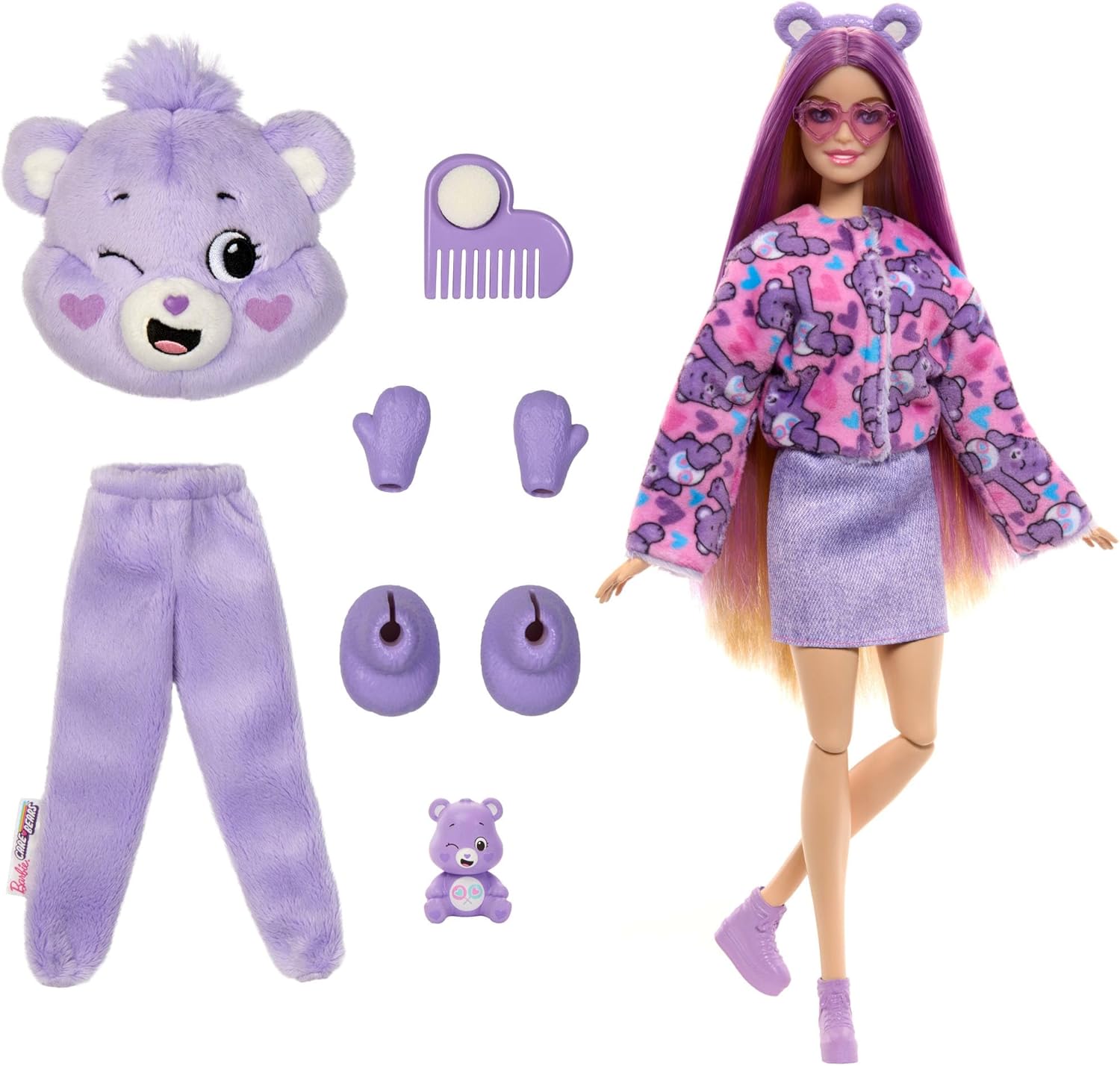 Barbie-Puppe mit Accessoires, Glücksbärchis-Reihe, Modepuppe mit plüschigem Teile-gern-Bärchi-Kostüm und 10 Überraschungen, einschließlich Farbwechsel und Mini-Bärchi, JCN94