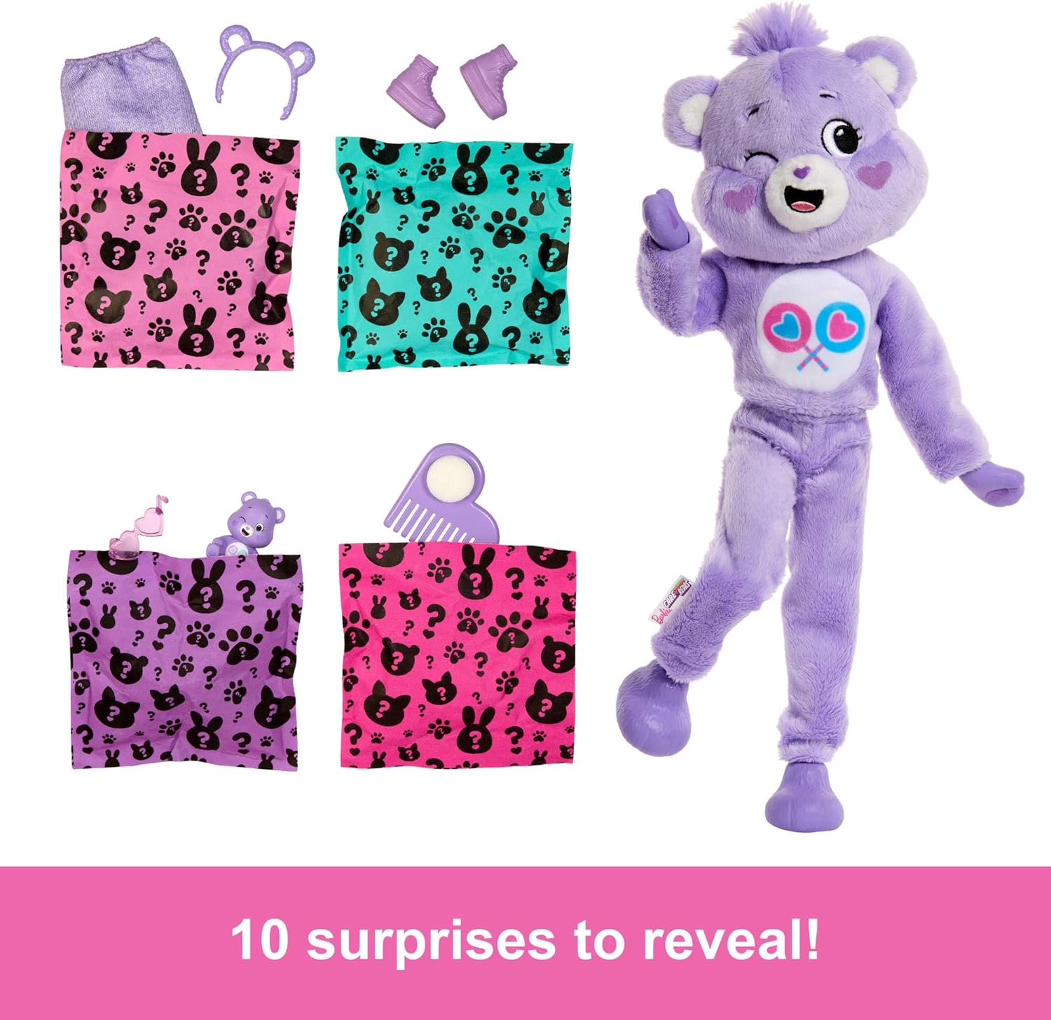 Barbie-Puppe mit Accessoires, Glücksbärchis-Reihe, Modepuppe mit plüschigem Teile-gern-Bärchi-Kostüm und 10 Überraschungen, einschließlich Farbwechsel und Mini-Bärchi, JCN94