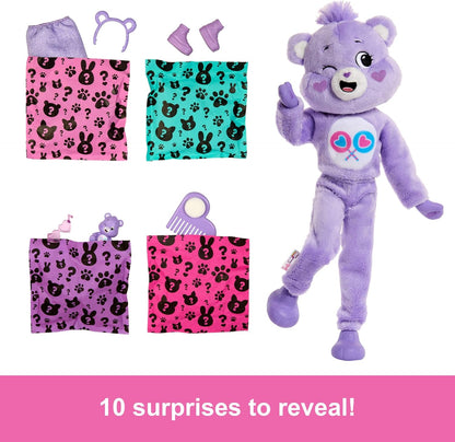 Barbie-Puppe mit Accessoires, Glücksbärchis-Reihe, Modepuppe mit plüschigem Teile-gern-Bärchi-Kostüm und 10 Überraschungen, einschließlich Farbwechsel und Mini-Bärchi, JCN94