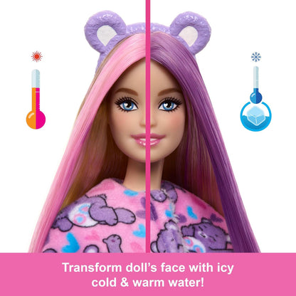 Barbie-Puppe mit Accessoires, Glücksbärchis-Reihe, Modepuppe mit plüschigem Teile-gern-Bärchi-Kostüm und 10 Überraschungen, einschließlich Farbwechsel und Mini-Bärchi, JCN94
