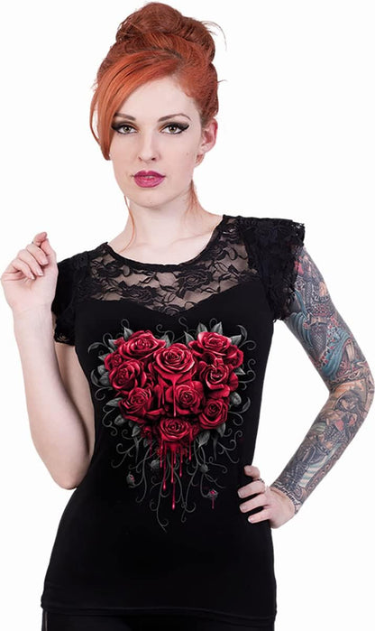 Spiral - BLEEDING HEART (Female Black Short Sleeve Tops) Large