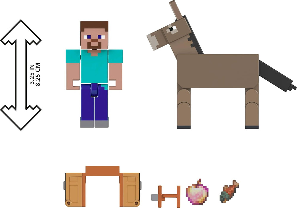 Mattel Minecraft Actiefiguren & Accessoires 2-Pack, Steve & Donkey op schaal van 8,3 cm, verzamelspeelgoedset