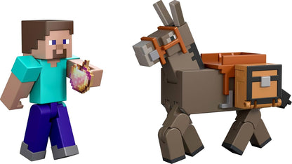 Mattel Minecraft Action Figures & Accessories 2-Pack, Steve & Donkey in 3.25-inch Scale, Collectible Toy Set