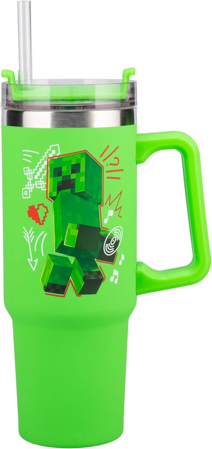 Paladone Minecraft Steve & Creeper 30 oz Green Insulated Cup and Straw, Officially Licensed Tumbler Travel Cup with Handle for Iced Tea or Coffee, Gaming Merchandise