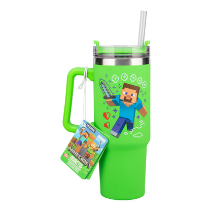 Paladone Minecraft Steve & Creeper 30 oz Green Insulated Cup and Straw, Officially Licensed Tumbler Travel Cup with Handle for Iced Tea or Coffee, Gaming Merchandise