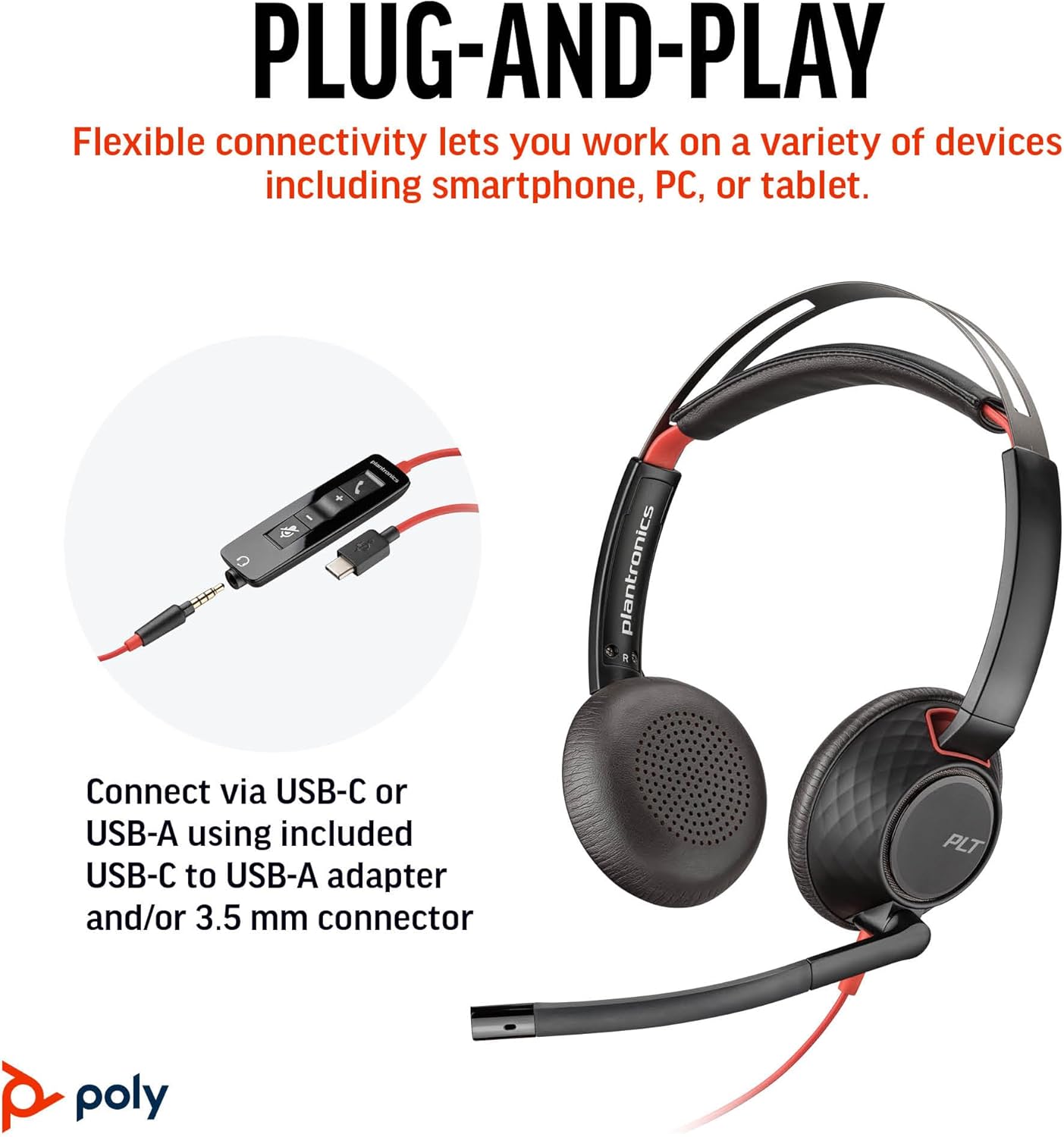 Poly Blackwire 5220 Wired Headset - Flexible Noise-Canceling Boom Mic - Ergonomic Design - Connect to PC/Mac, Mobile via USB-C, USB-A, or 3.5 mm - Works w/Teams, Zoom