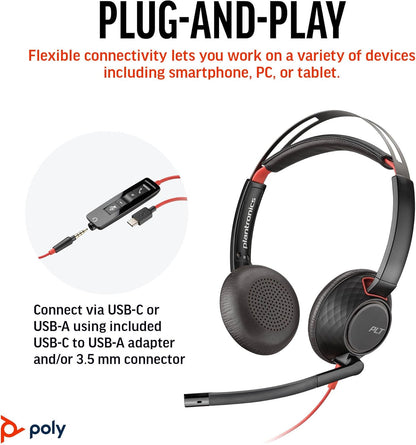 Poly Blackwire 5220 Wired Headset - Flexible Noise-Canceling Boom Mic - Ergonomic Design - Connect to PC/Mac, Mobile via USB-C, USB-A, or 3.5 mm - Works w/Teams, Zoom