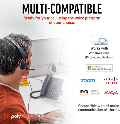 Poly Blackwire 5220 Wired Headset - Flexible Noise-Canceling Boom Mic - Ergonomic Design - Connect to PC/Mac, Mobile via USB-C, USB-A, or 3.5 mm - Works w/Teams, Zoom