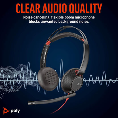 Poly Blackwire 5220 Wired Headset - Flexible Noise-Canceling Boom Mic - Ergonomic Design - Connect to PC/Mac, Mobile via USB-C, USB-A, or 3.5 mm - Works w/Teams, Zoom