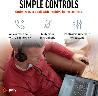 Poly Blackwire 5220 Wired Headset - Flexible Noise-Canceling Boom Mic - Ergonomic Design - Connect to PC/Mac, Mobile via USB-C, USB-A, or 3.5 mm - Works w/Teams, Zoom
