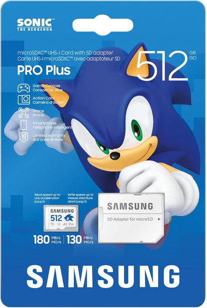 Samsung Memorie MB-MD512SA Sonic PRO Plus Scheda MicroSD per Console Gaming, Action Cam e Droni da 512GB, UHS-I U3, Fino a 180MB/s