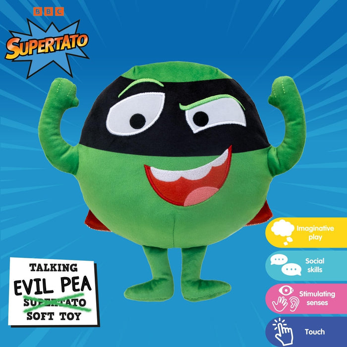 Supertato Talking Evil Pea Teddy Bear, from the books & Cbeebies series, Green.