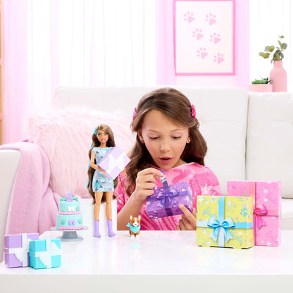 Barbie Party Unboxed Doll & Accessories, Pet Birthday Series Party Stars Set with 10 Surprises Including Color Change & Cake-Decorating Activity, JFG72