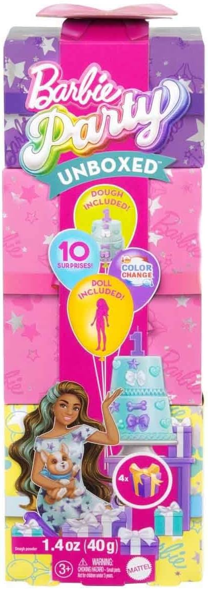 Barbie Party Unboxed Doll & Accessories, Pet Birthday Series Party Stars Set with 10 Surprises Including Color Change & Cake-Decorating Activity, JFG72