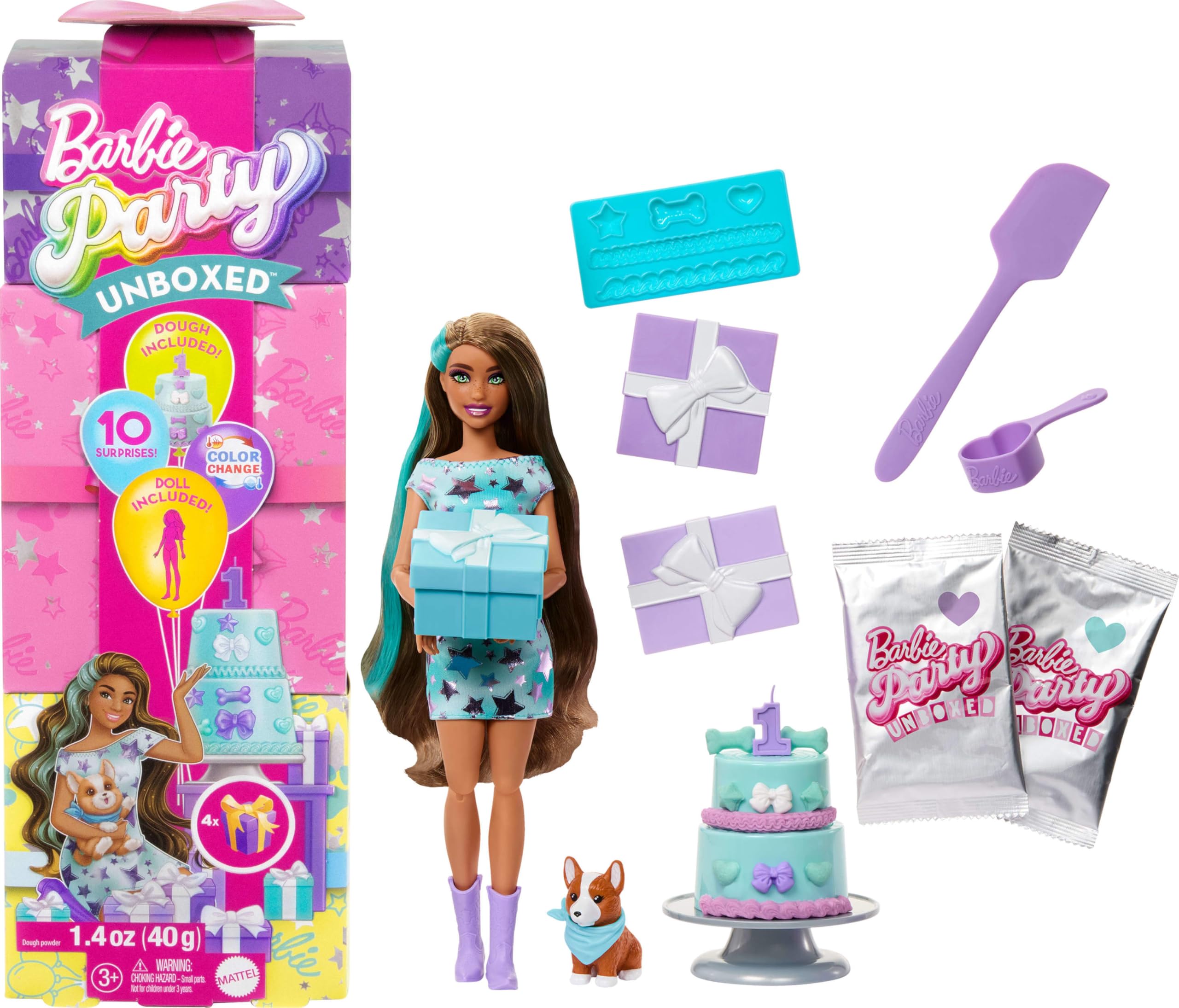 Barbie Party Unboxed Doll & Accessories, Pet Birthday Series Party Stars Set with 10 Surprises Including Color Change & Cake-Decorating Activity, JFG72