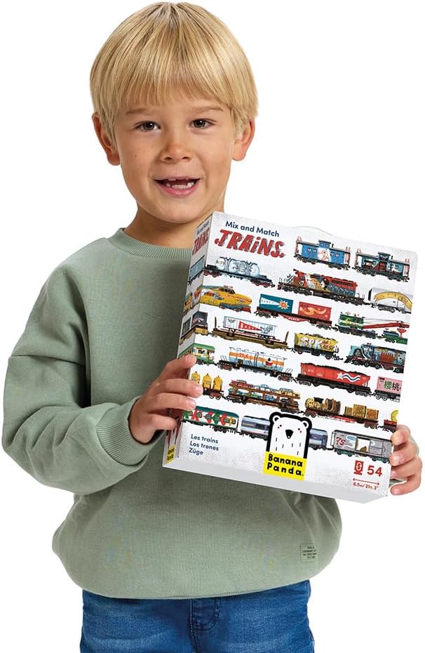 Banana Panda Mix & Match Puzzle Trains | 54 Double-Sided Pieces + Educational Poster | Creative Train Puzzle Toy for Kids Age 5+ | Build Your Own Trains | Explore Interiors & Engineered Fun