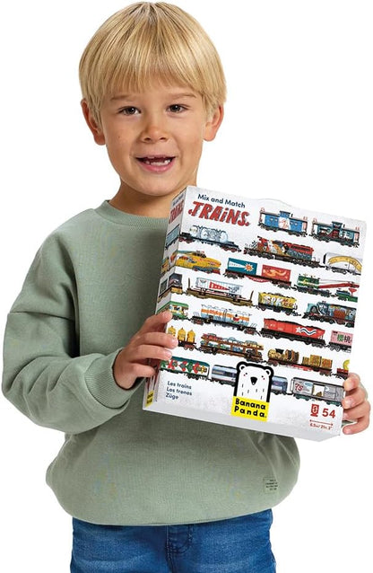 Banana Panda Mix & Match Puzzle Trains | 54 Double-Sided Pieces + Educational Poster | Creative Train Puzzle Toy for Kids Age 5+ | Build Your Own Trains | Explore Interiors & Engineered Fun